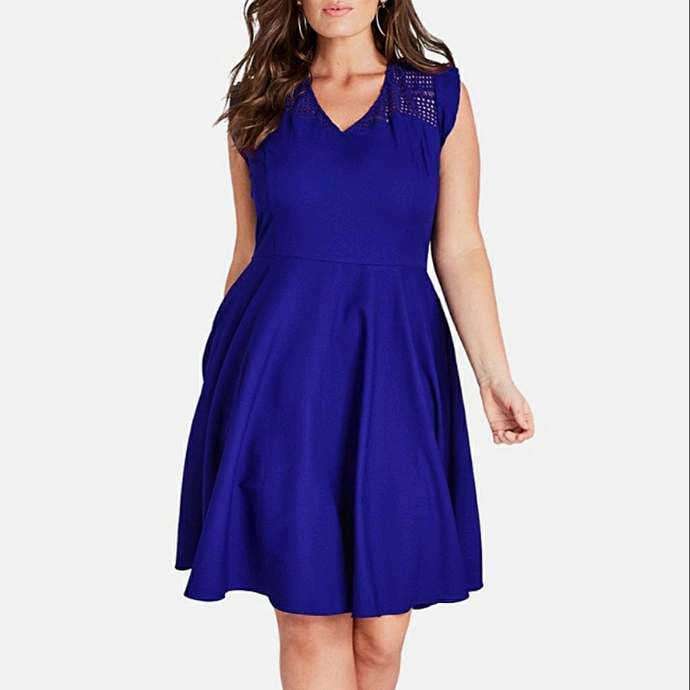 City Chic Lace Yoke Fit and Flare Ruffle sleeve V Neck Cobalt Blue Dress
